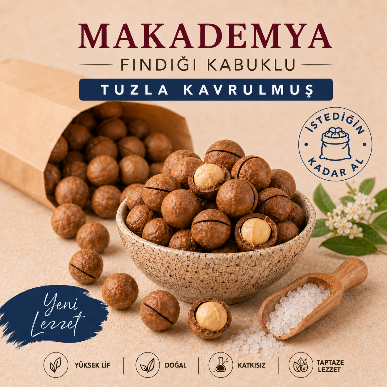 Kavrulmuş Makademya Fındığı - Tuzlu - İstediğin Kadar Al
